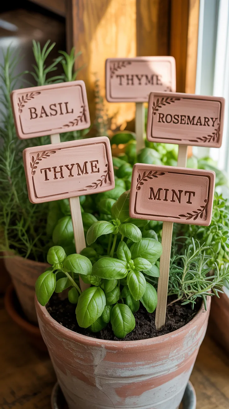 Pots of basil, thyme, rosemary, and mint flourish by a sunny window, marked with air dry clay tags—great for easy DIY projects.