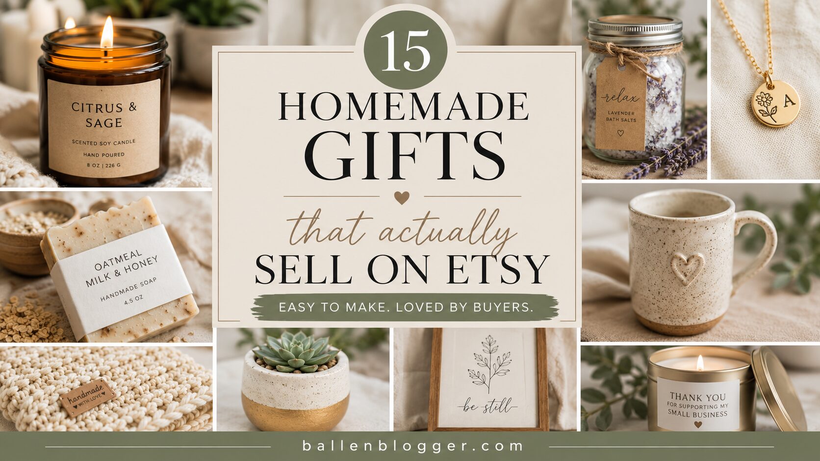 A warm collage for "homemade gifts 2" shows candles, soaps, plants, jewelry, mugs, and more—perfect DIY ideas to make and sell.