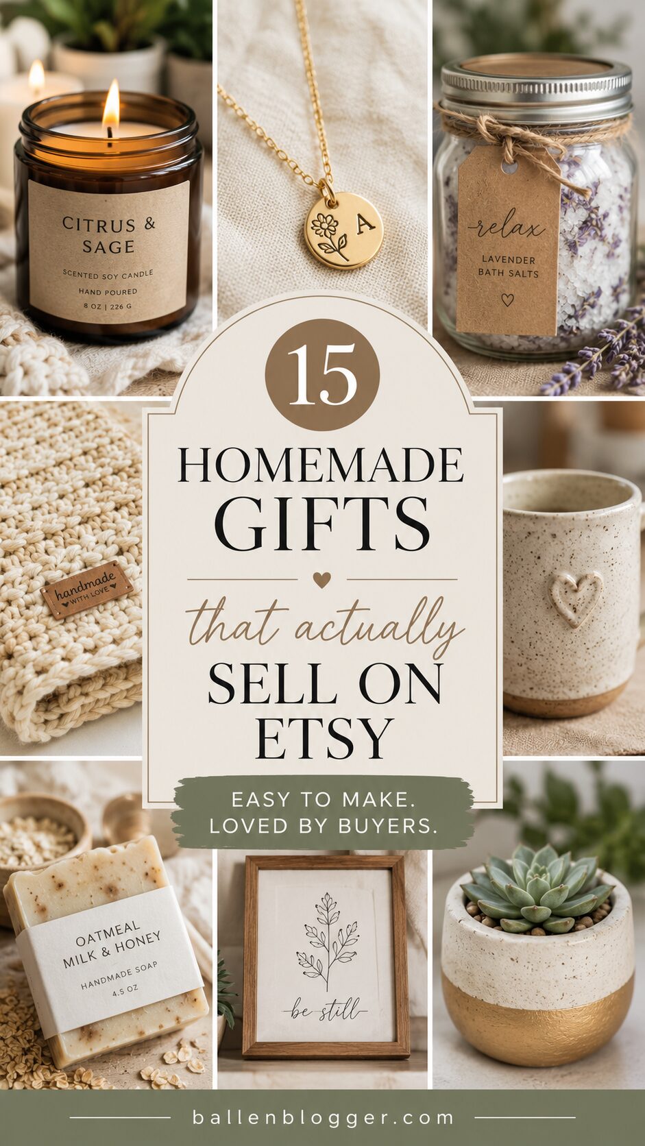 A collage of DIY Etsy hits: candles, bath salts, jewelry, crochet crafts, mugs, soap bars, framed sayings, and a cute succulent.
