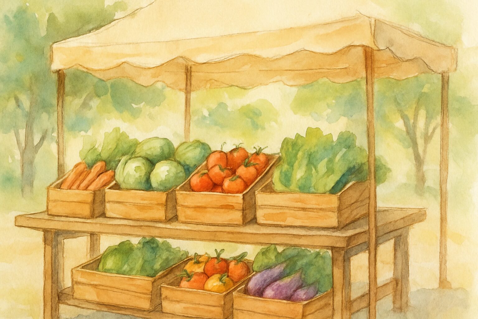 Watercolor illustration for: How to Set Up a Farmers Market Booth That Attracts Customers All Day