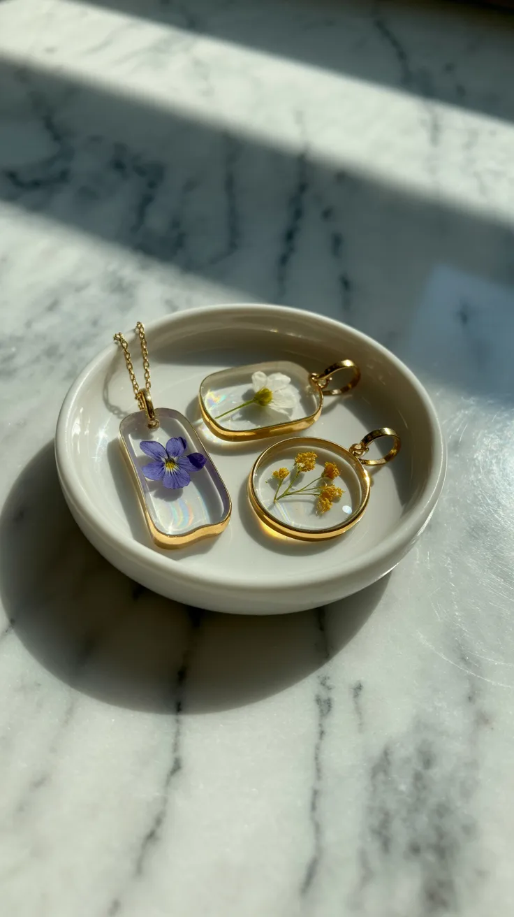 Gold-framed pendants featuring pressed flowers are displayed on a jewelry dish atop marble, glowing in bright sunlight.