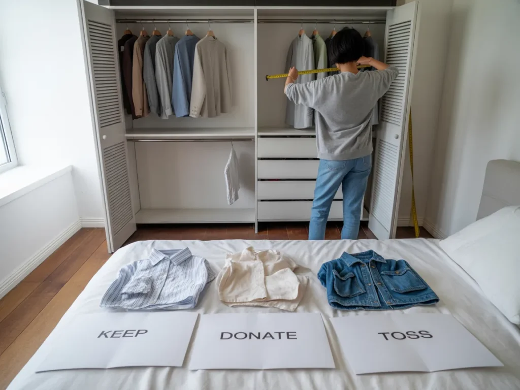 Measuring in front of an open closet, someone sorts clothes into "keep, donate, toss" piles amid sunlit organization inspiration.