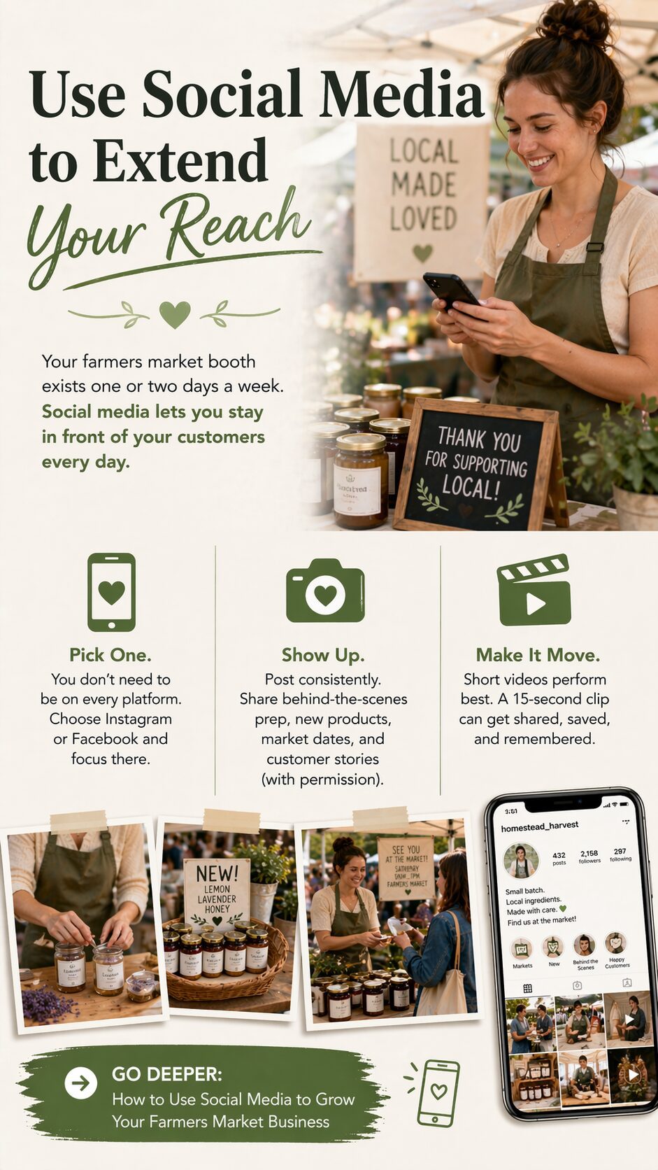 At a Farmers Market booth, a woman smiles, phone in hand, near jars and a “LOCAL MADE LOVED” sign—showcasing social media tips.