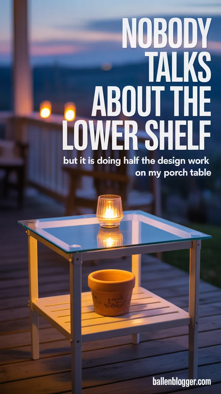Most people put things on the glass top and ignore the lower shelf. Do not do that. The lower shelf is where a small potted plant or a folded outdoor magazine lives. The glass top surface is where you set the things you are actually using: a candle, two glasses, a small tray.