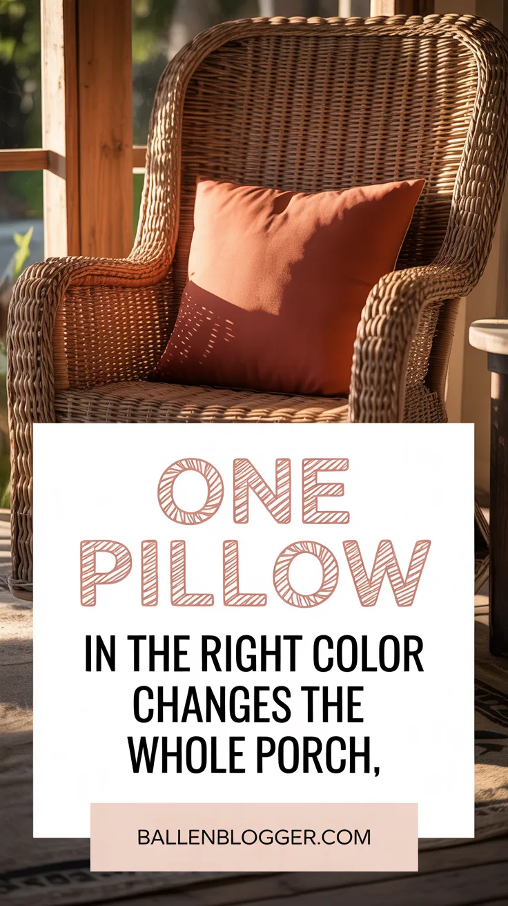 One pillow on each chair. Not a collection, not a mix of patterns. One solid terracotta pillow on each rocking chair, and that is it. The restraint is the point. When every other element is neutral and one element is the accent, that one element does all the work of expressing personality without overwhelming the space.