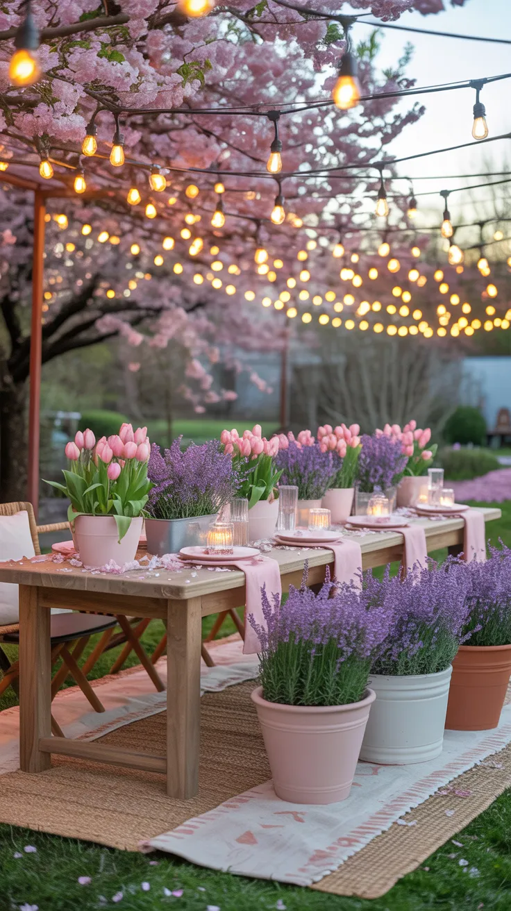 Romantic outdoor dining table with white linen, pink peonies and Edison string lights