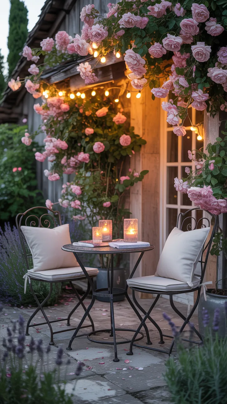 Al fresco dinner party table with wildflower centerpiece and Edison string lights