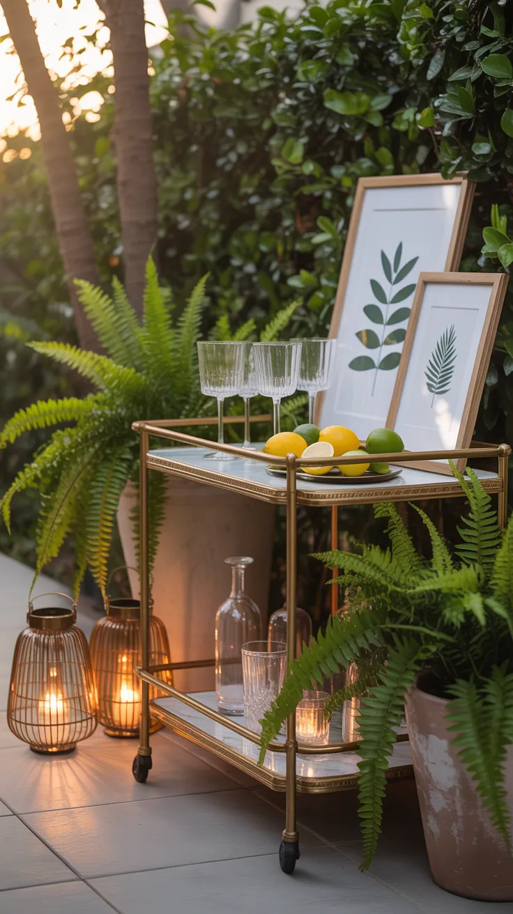 Elegant outdoor bar cart with wine glasses, lanterns and feminine entertaining aesthetic