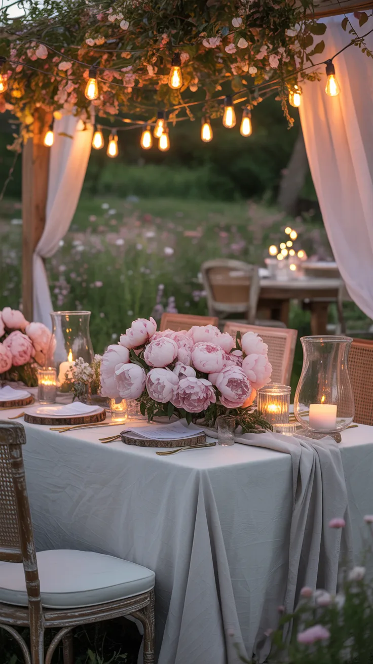 Spring outdoor dining setup with tulips, lavender and Edison lights overhead