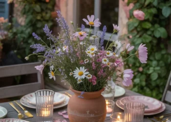 A stunning alfresco table set with floral accents, petals, candles, and fairy-lit roses creates a dreamy romantic ambiance.