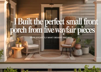 Discover my inviting small front porch setup with Wayfair finds—two chairs, a side table, rug, plant, and soft lighting!.