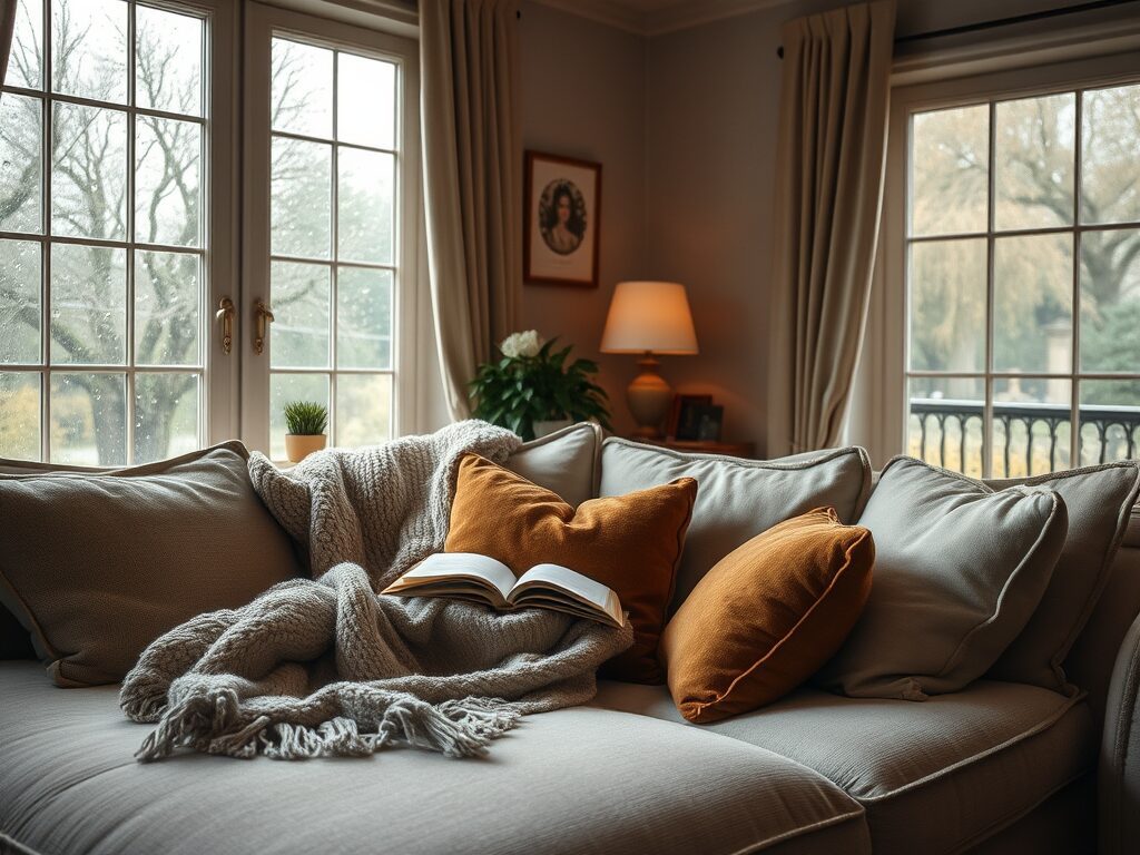 A beige sofa with orange pillows and a gray blanket exudes calm, with warm lamp light, green plant, and an open book nearby.