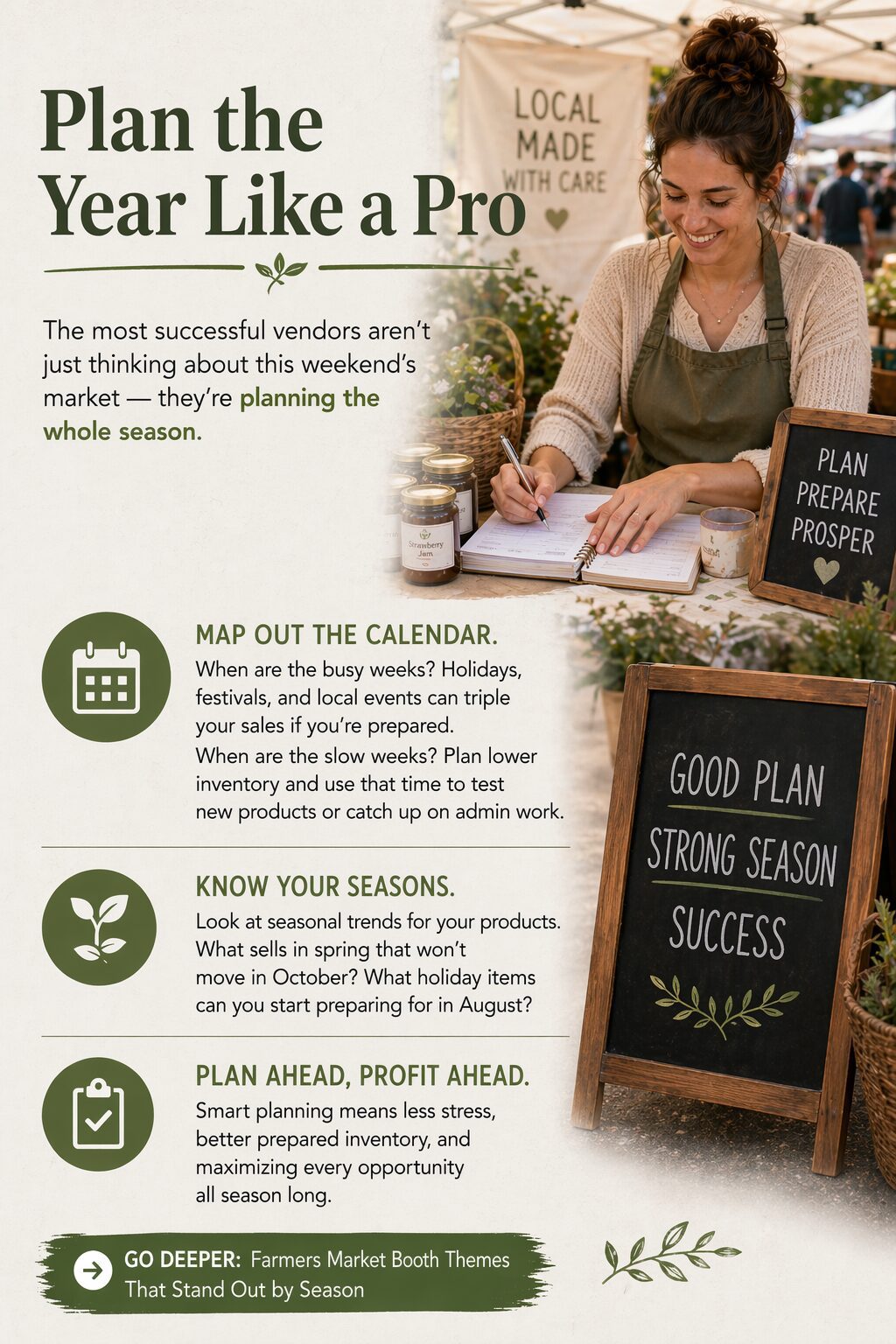 A cheerful woman at a farmers market booth displays a sign: “Good Plan, Strong Season, Success.” Discover expert planning tips.
