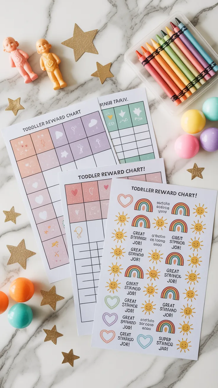 Flat lay of printed toddler reward chart pages in pastel colors with sticker sheets and crayons on white marble surface