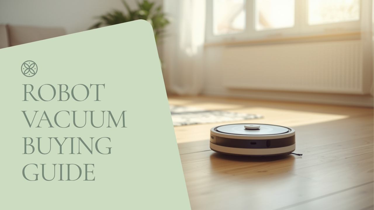 A robot vacuum cleans a sunlit, organized living room. Green text reads: "robot vac buying guide"—find tips for your next pick.