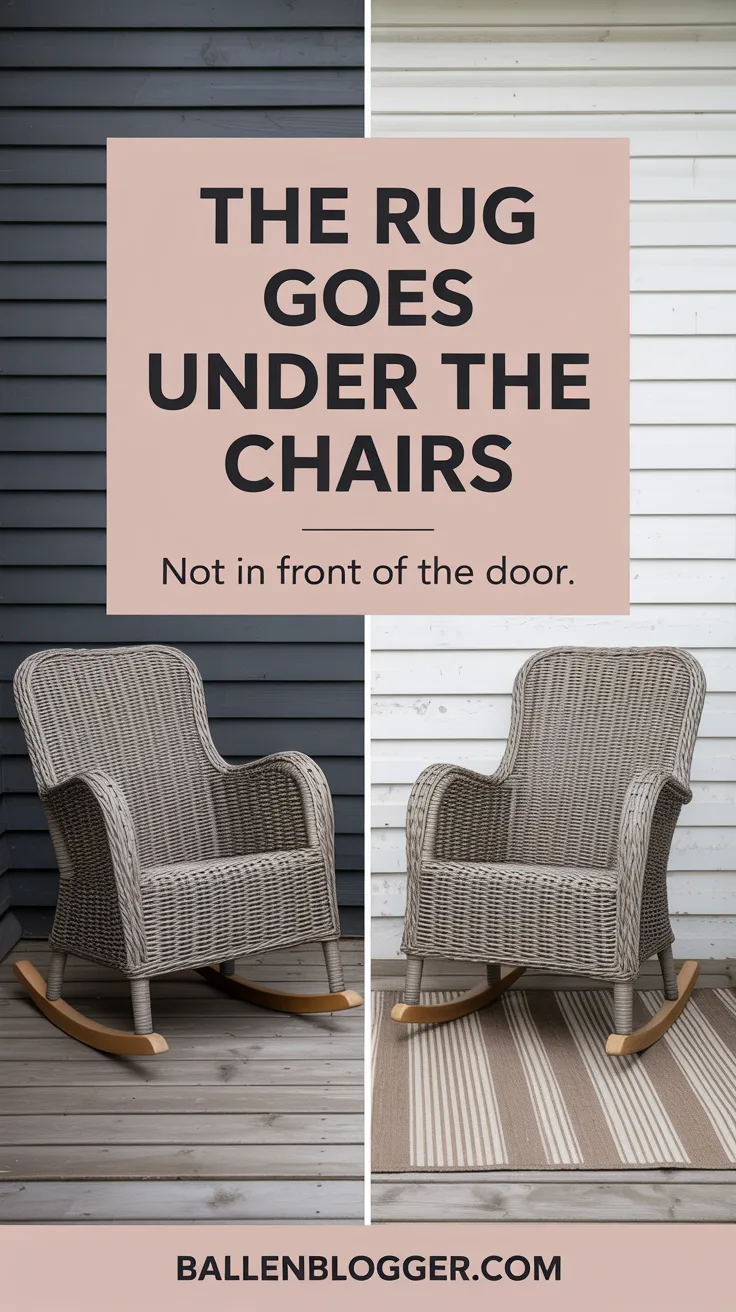 Place the rug before you set the chairs down and check that the rocking motion of each chair stays on the rug at full extension. If it does not, the rug is too small for the space and you will be readjusting it every week.