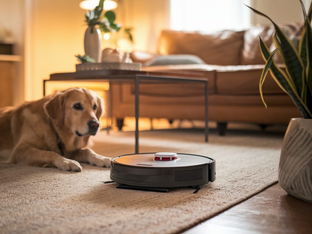 A golden retriever lounges on a rug, observing an rv-pets robot vacuum in a warm living room with a brown sofa and greenery.