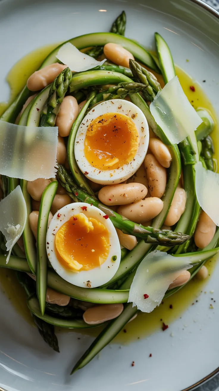 Halved soft-boiled eggs, white beans, asparagus, shaved cheese, and olive oil are elegantly arranged on a white plate.