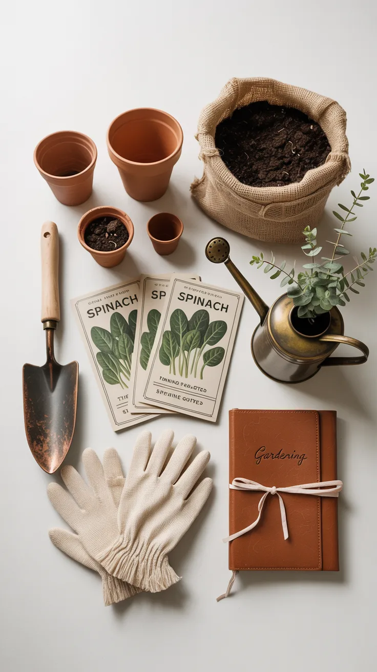 Beautiful feminine flat lay with fresh spinach leaves in a terracotta pot, seed packets, and floral gardening gloves