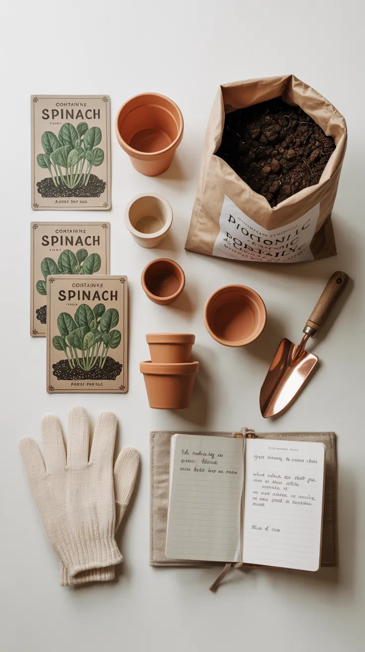 Woman with a floral apron harvesting fresh spinach leaves from a terracotta container garden, golden afternoon light