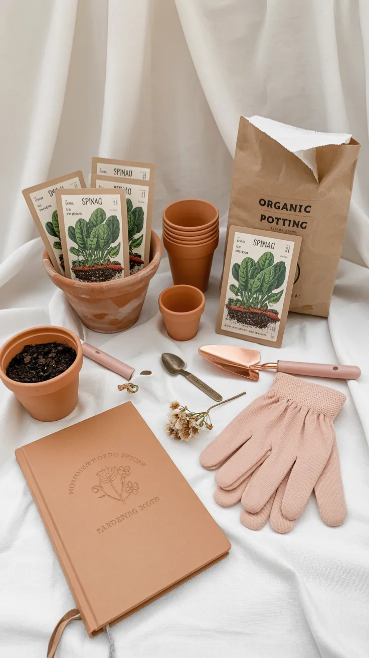 Overhead flat lay of fresh spinach seedlings in terracotta pots with seed packets and gardening gloves, feminine spring garden