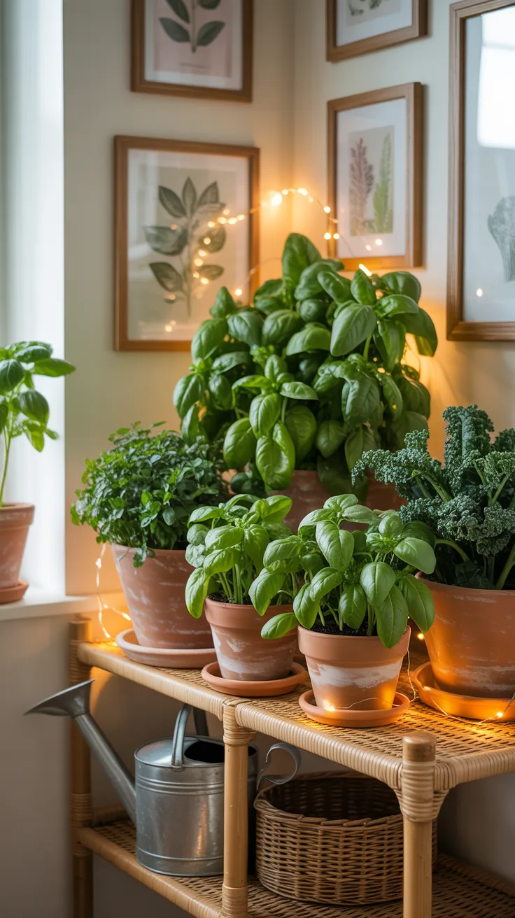 Lush spinach and herb plants thriving in containers on a bright balcony garden, spring lifestyle photography