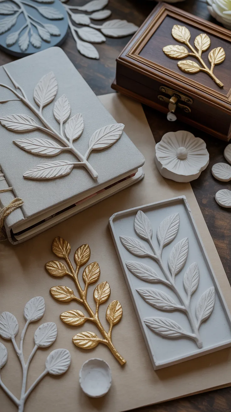 A table displays unique sprig-molded clay crafts with gold leaf details, set amidst a notebook, wooden box, and assorted molds.
