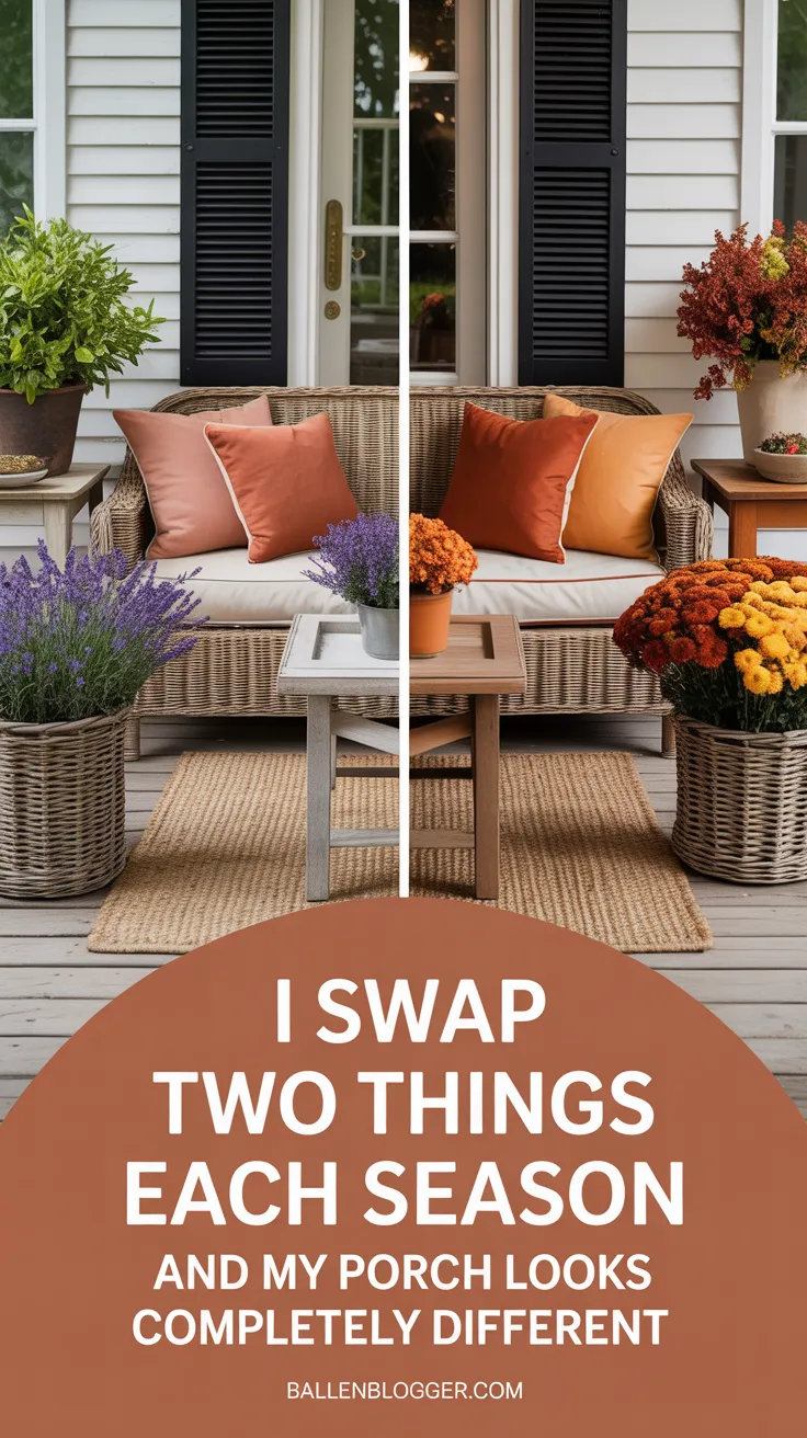 Each season, I refresh my small porch—wicker sofa, orange and beige pillows, plus lavender and mums—with just two swaps.