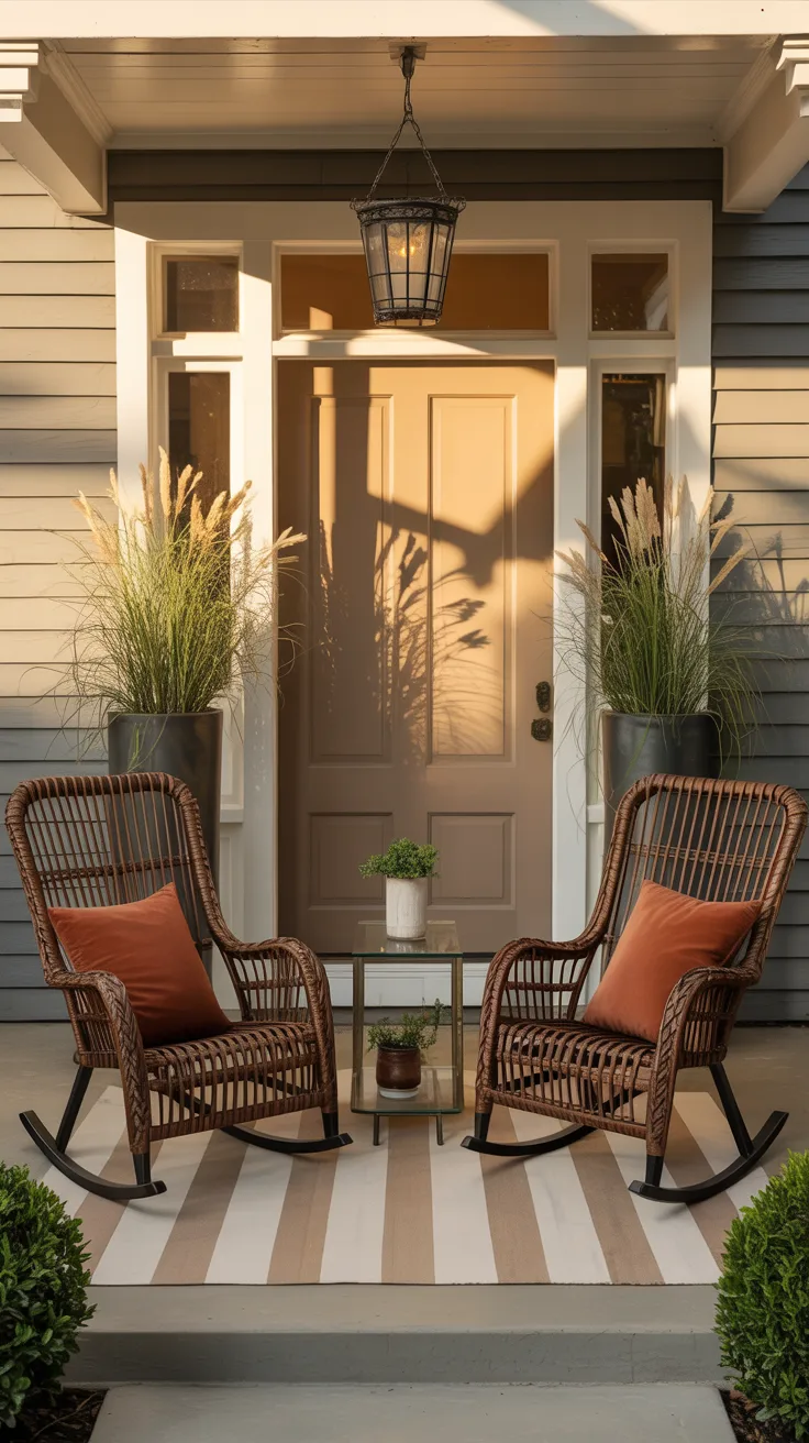 One pillow on each chair. Not a collection, not a mix of patterns. One solid terracotta pillow on each rocking chair, and that is it. The restraint is the point. When every other element is neutral and one element is the accent, that one element does all the work of expressing personality without overwhelming the space.