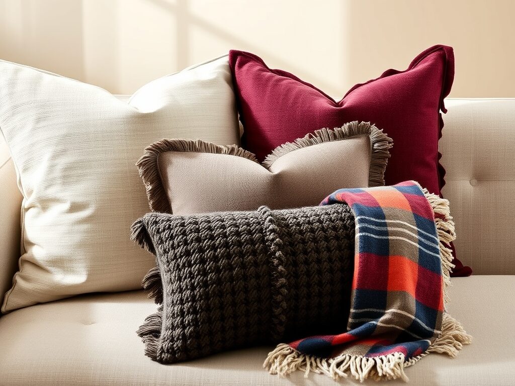 Two large Faye textured linen pillows from The Layering Formula rest on a beige sofa with a fur throw, glowing in natural light.