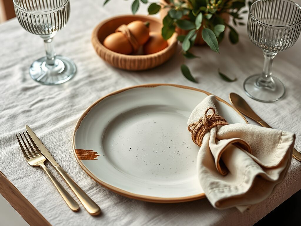 Elegant table set with hand-painted plate, gold utensils, twined napkin, wine glasses, and eggs on a white cloth with greenery.