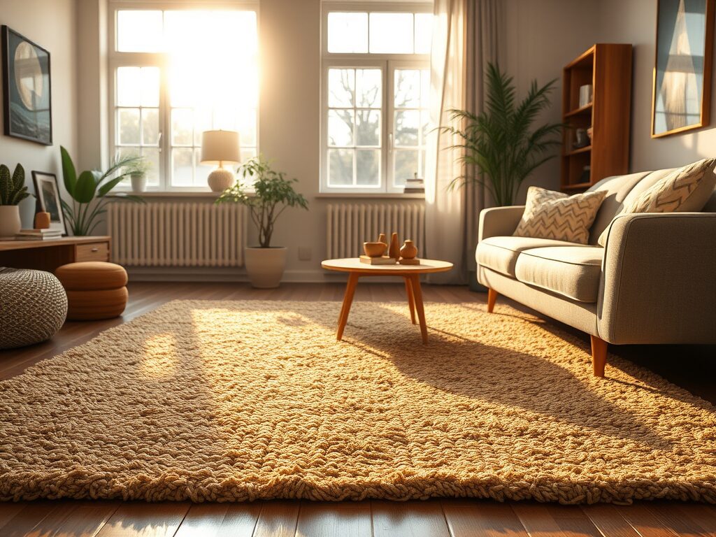Sunlight pours through big windows, brightening a plush wool-jute rug, sleek coffee table, gray sofa, and lush modern accents.