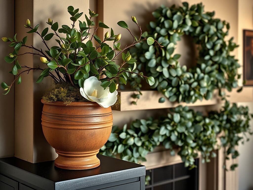 A white blossom and rich greenery sit on a sleek black cabinet, while a wreath and garland on the mantel add an elegant, natural flair.