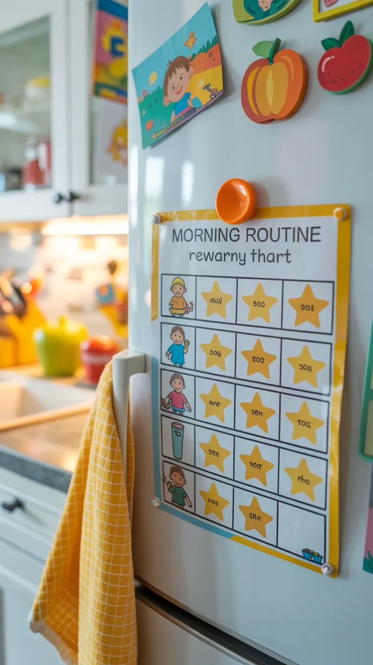 Colorful toddler morning routine reward chart on a refrigerator with star stickers showing completed tasks like getting dressed and brushing teeth