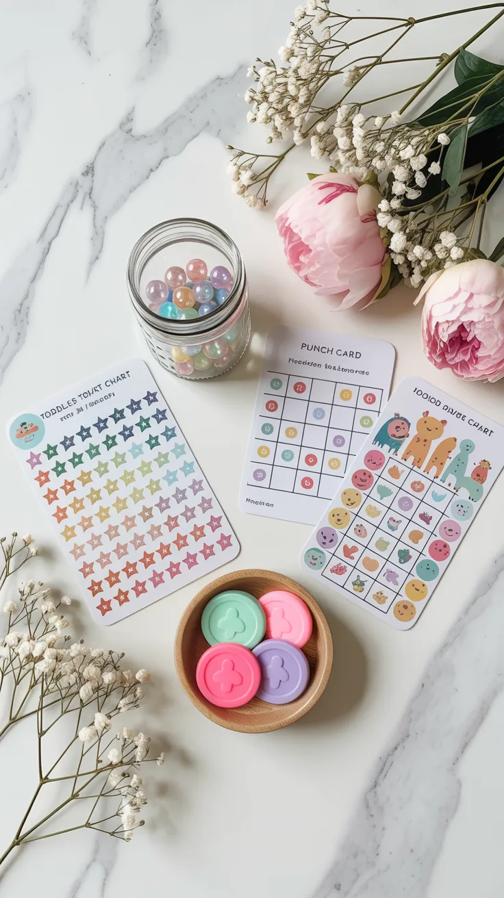 Flat lay of different toddler reward chart options including sticker chart token board punch card and marble jar on white background