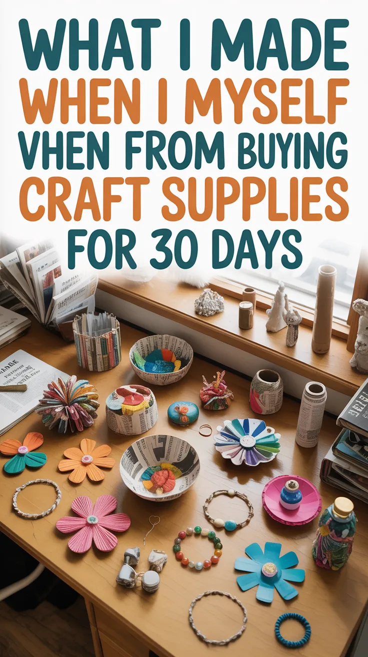 Handmade crafts—colorful paper flowers, bowls, and bracelets—sit on a desk by a window. Overhead text: my 30-day no-buy DIY challenge.