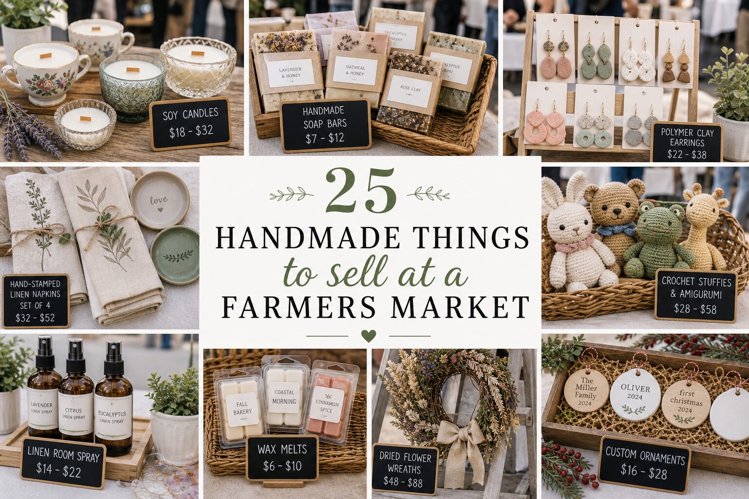 Collage highlighting 25 top handmade items for 2026 farmers markets—candles, soaps, decor, with prices and eye-catching displays.