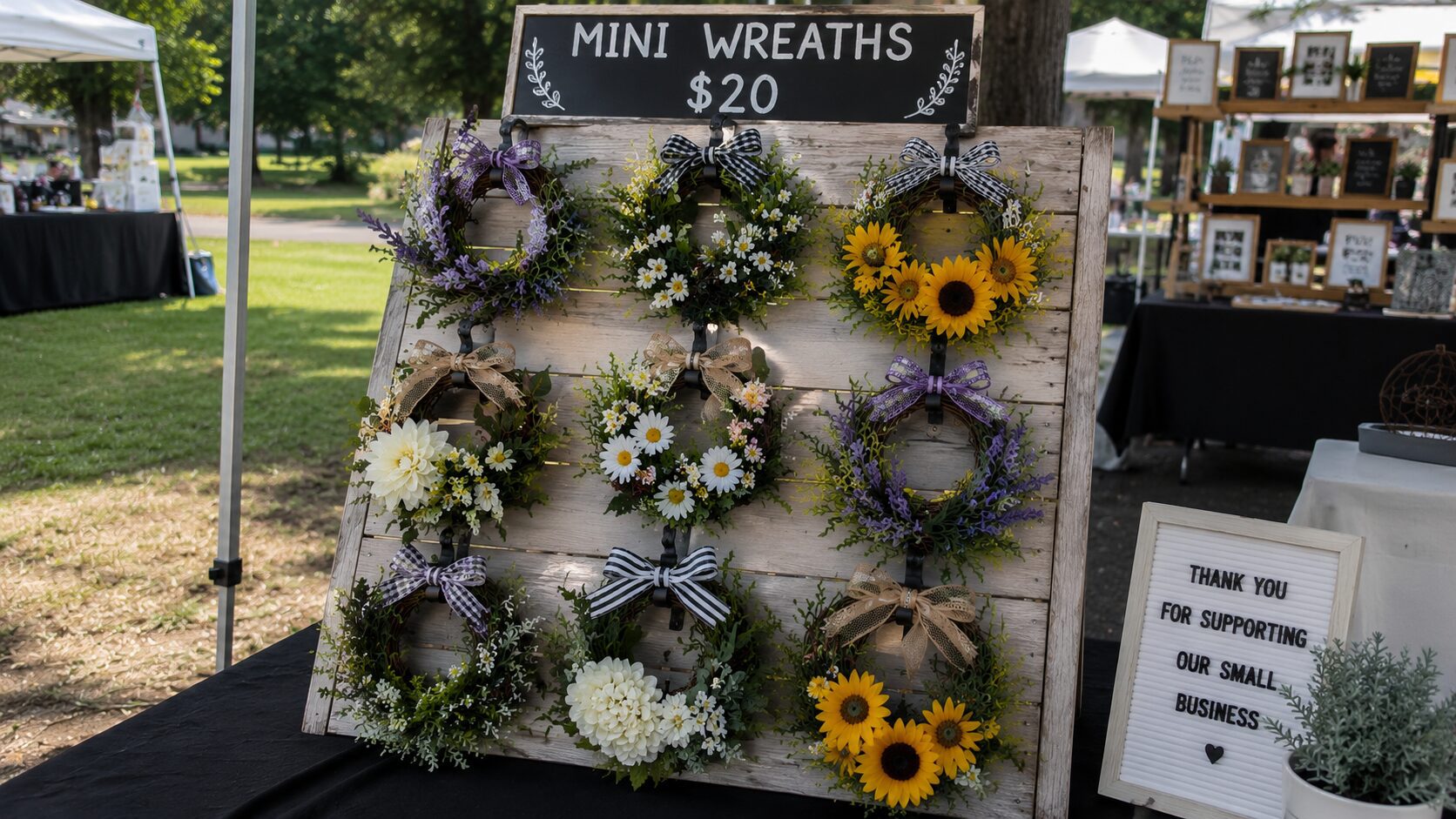 Nine floral mini wreaths decorate a display with signs reading "MINI WREATHS $20" and gratitude for Farmers Market support.