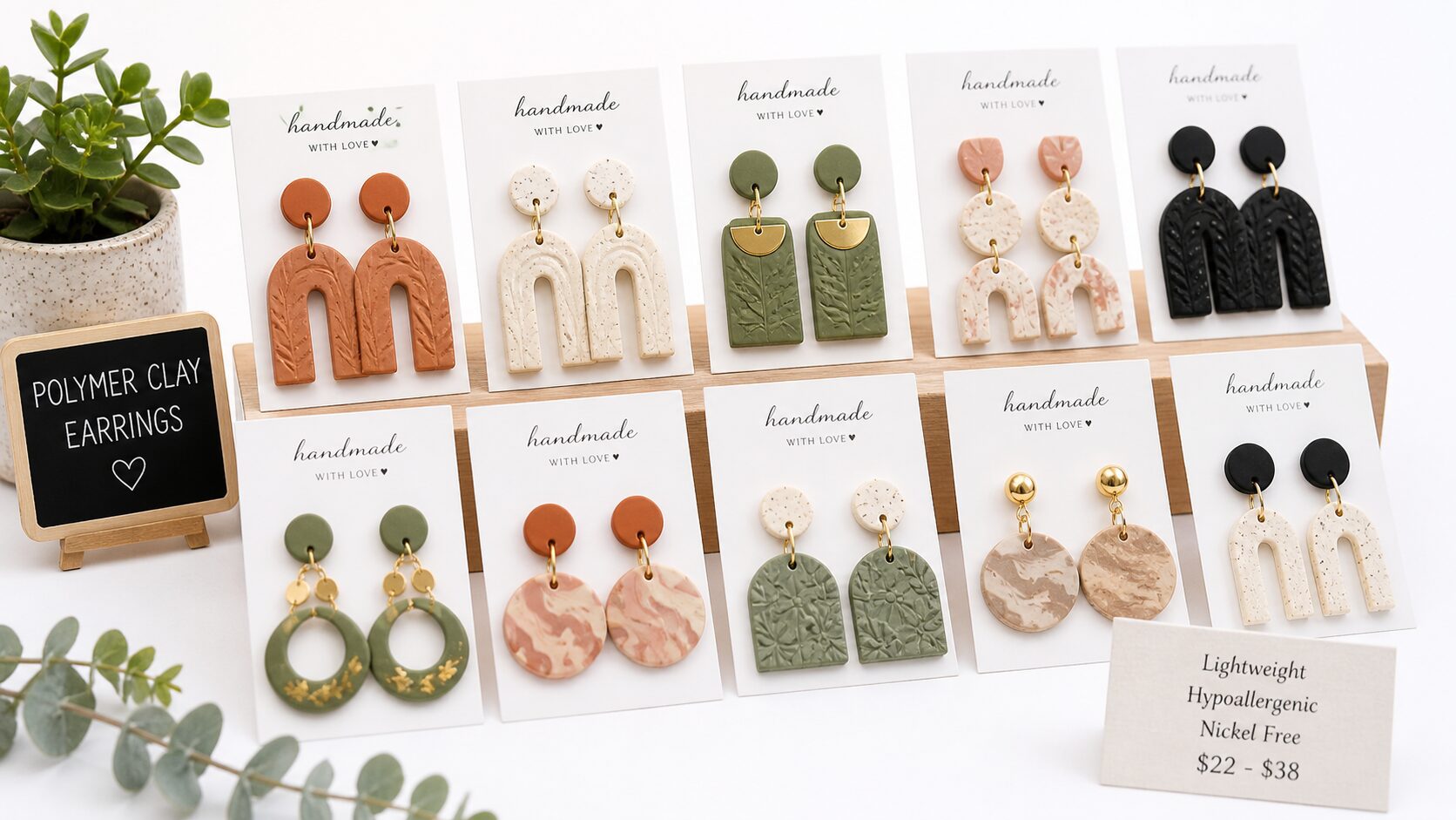 Twelve sets of colorful clay earrings on labeled cards, with signs noting features, perfect as lightweight, hypoallergenic gifts.