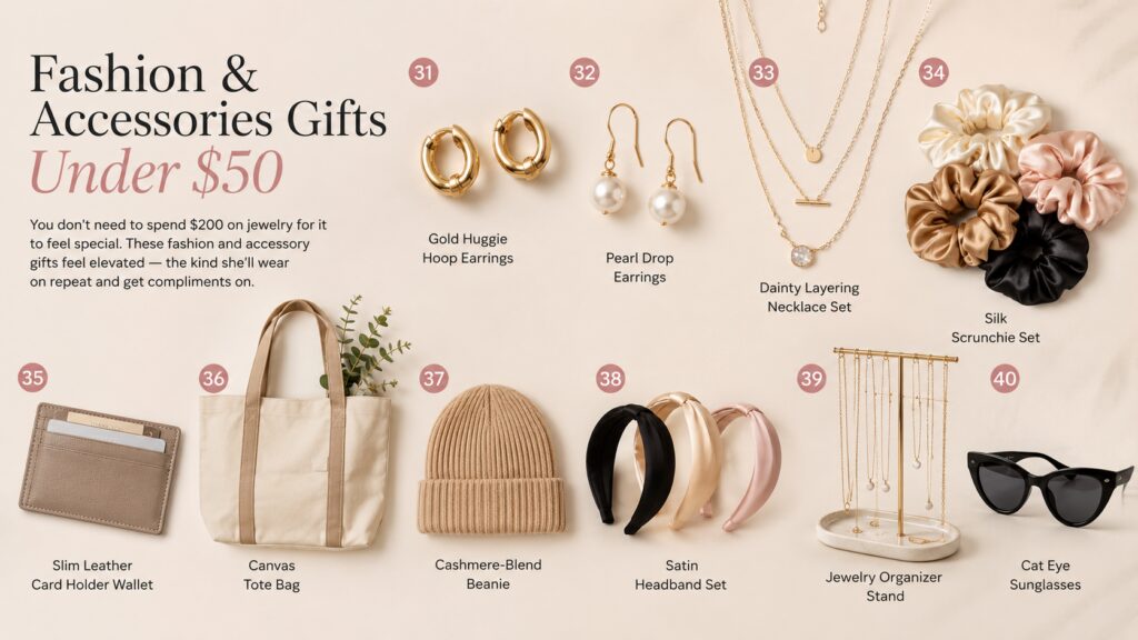Chic budget-friendly accessories, including jewelry, bags, hairbands, and sunglasses, arranged on a beige flat lay.