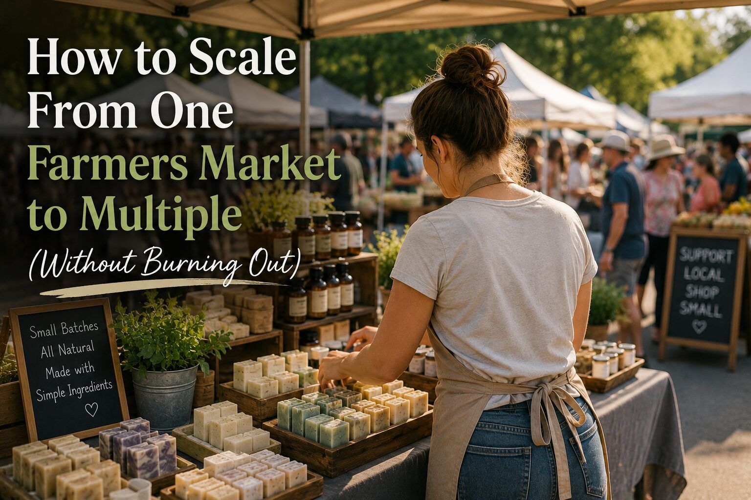 At a bustling farmers market, a woman displays her soaps, seeking tips to expand her business and avoid burnout. Text: “How to Scale From One Farmers Market to Multiple (Without Burning Out).”.