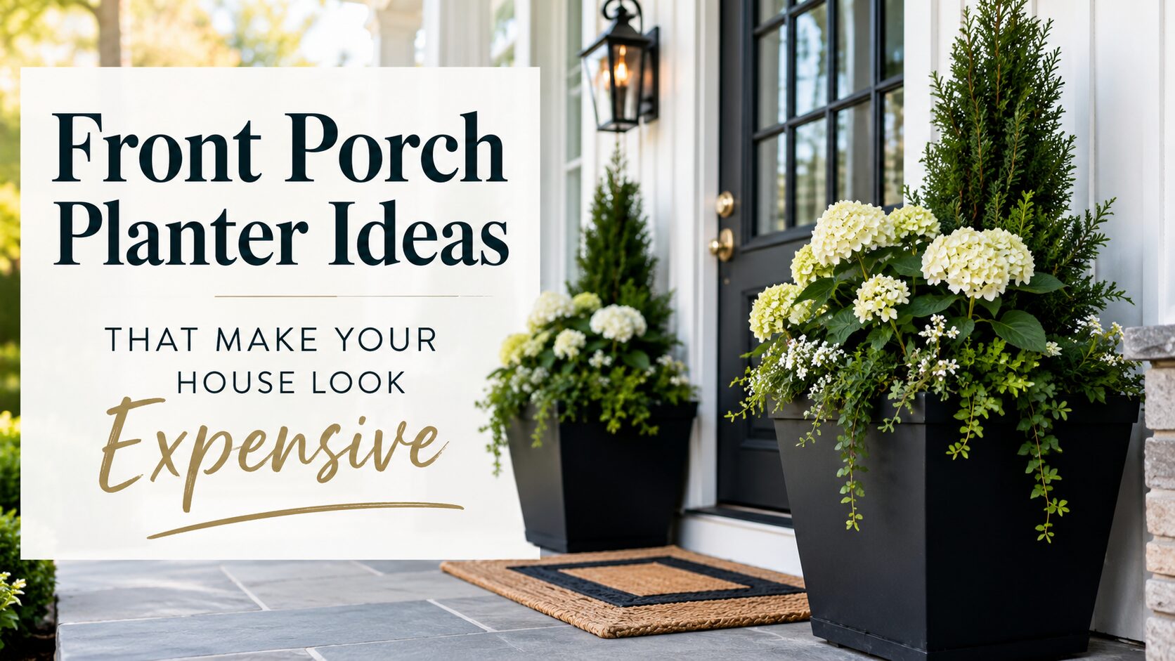 Sleek black planters with vibrant greenery and white blooms decorate a porch by a black front door. Text: Elegant Porch Decor Ideas.