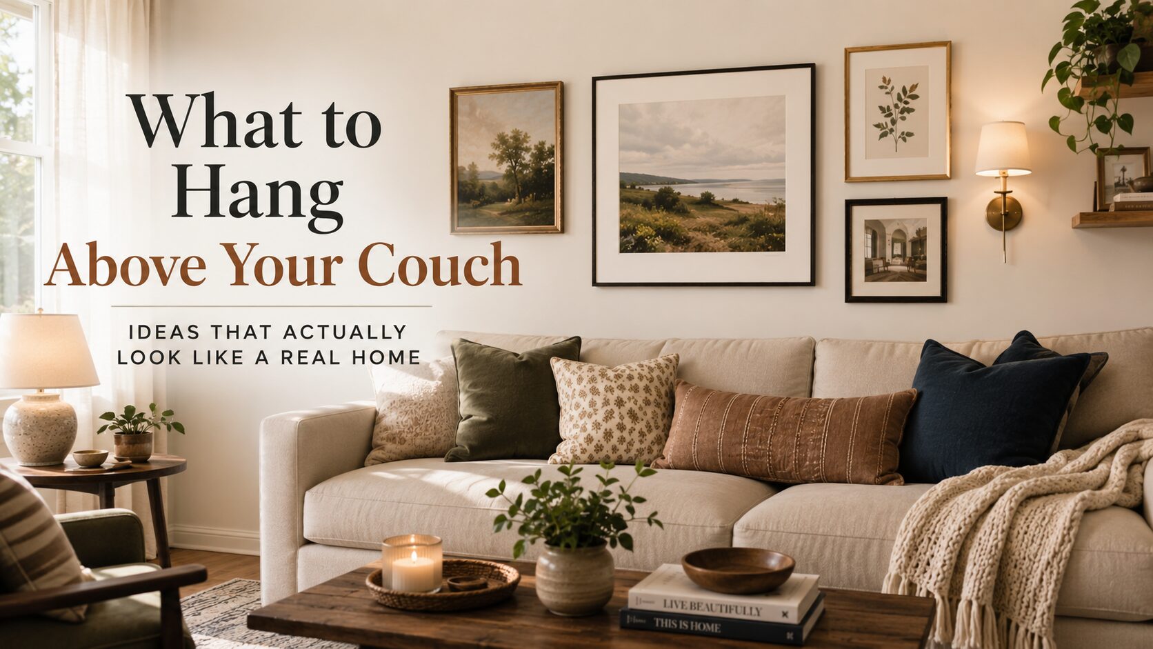A warm living room with a cream sofa, pillows, plants, and chic art above the couch highlights ideas for wall decor displays.
