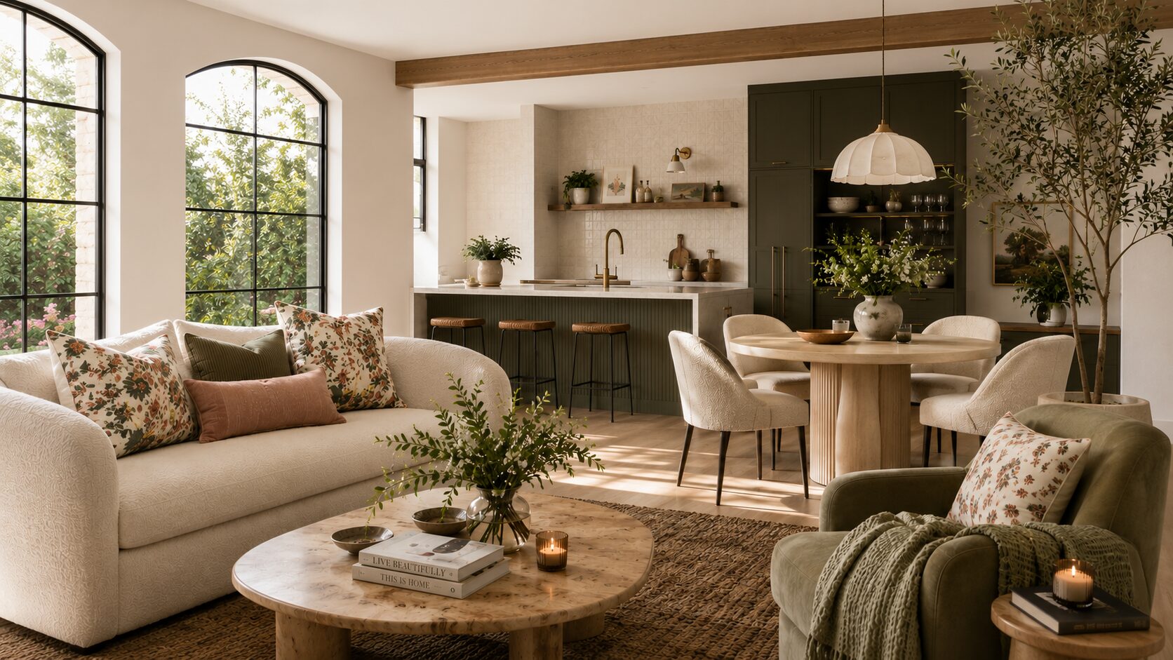 Step inside this anthro blog highlight: a sunlit space with cottage chic, floral sofas, vintage dining, and leafy green accents.